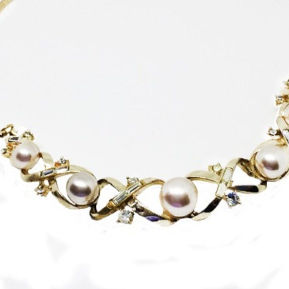 Vtg Corocraft gold pearl rhinestone 14" necklace - Picture 11 of 11